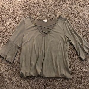 Tan long sleeved crossed tie shirt